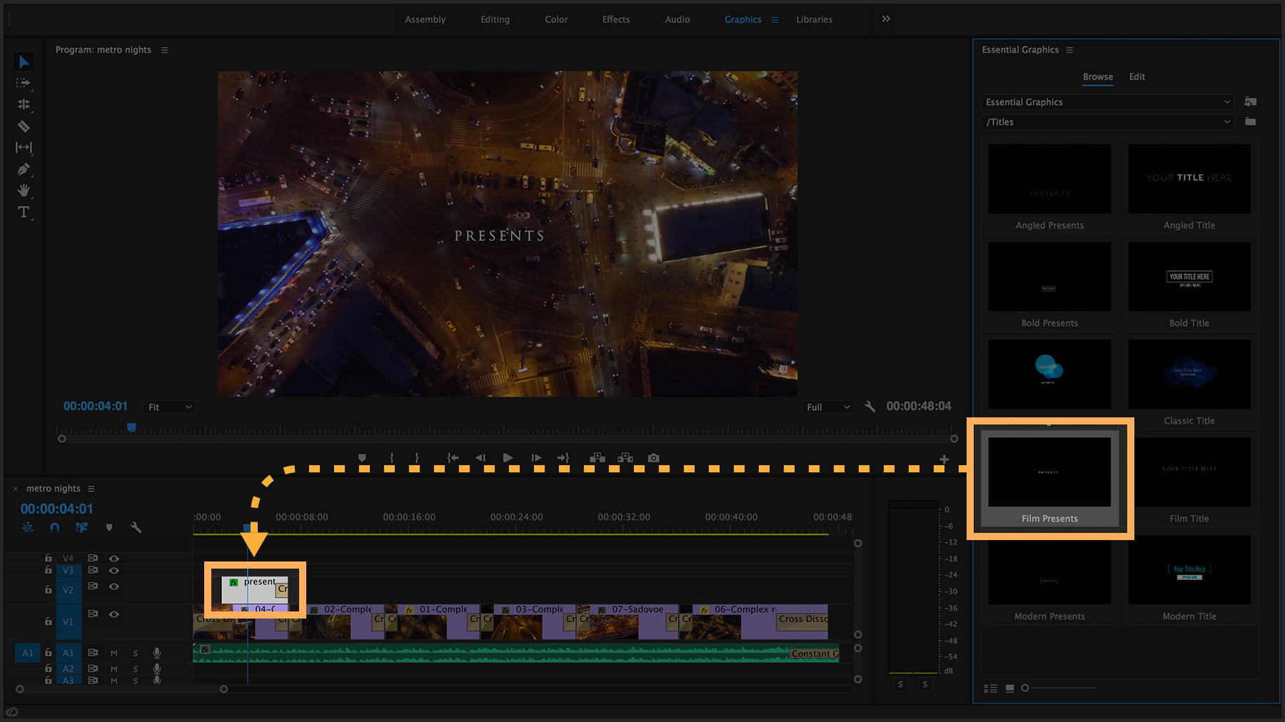 A Film Presets Motion Graphics template is dragged onto the timeline and becomes a clip with a default duration.