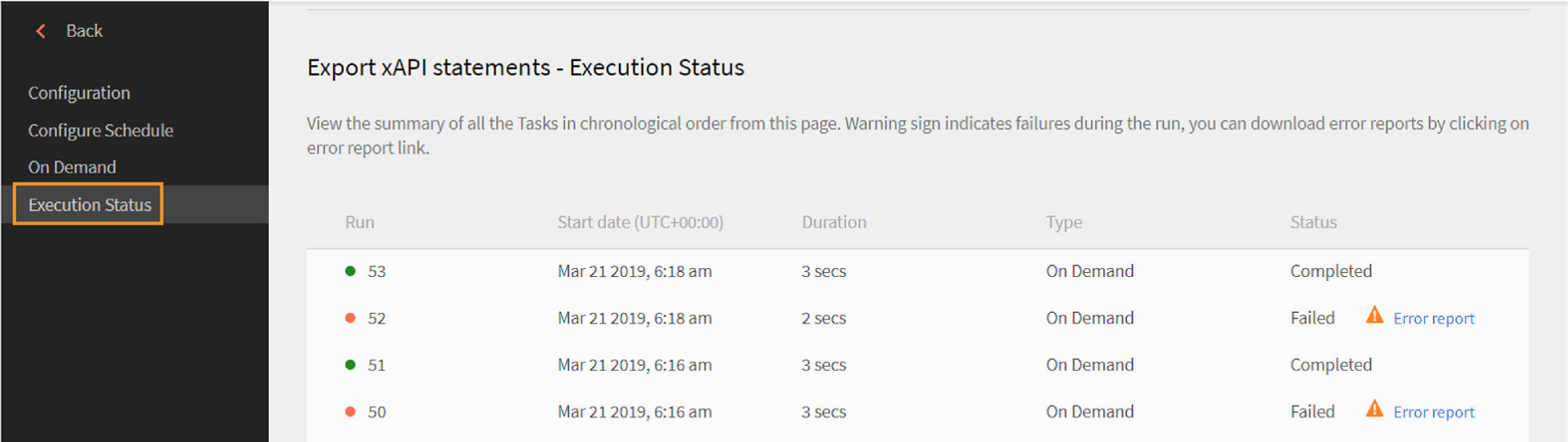 xAPI Export Execution Status