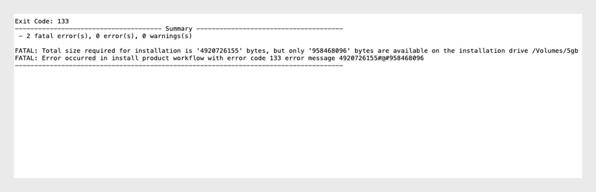 Error code 133 installation failure message indicating not enough storage space available on the installation drive.