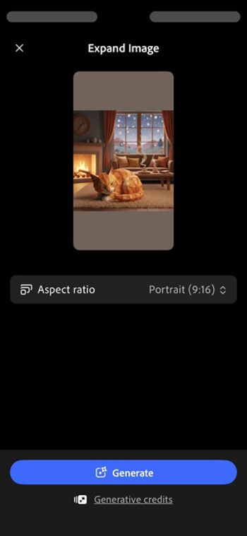 The Expand Image screen displays the uploaded image, the aspect ratio drop-down menu, the Generate button, and the Generative credits info callout.