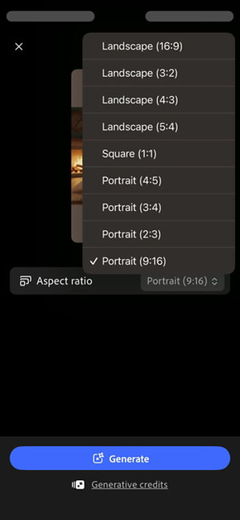 The Generative expand screen displays various aspect ratio options and Portrait 9:16 is selected.