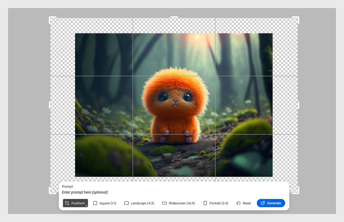 Digital illustration of a cute, fluffy orange creature with large eyes and a small nose, set against a soft green background. Below the image are editing options for expanding the image by adding new ratio, width, and height dimensions.