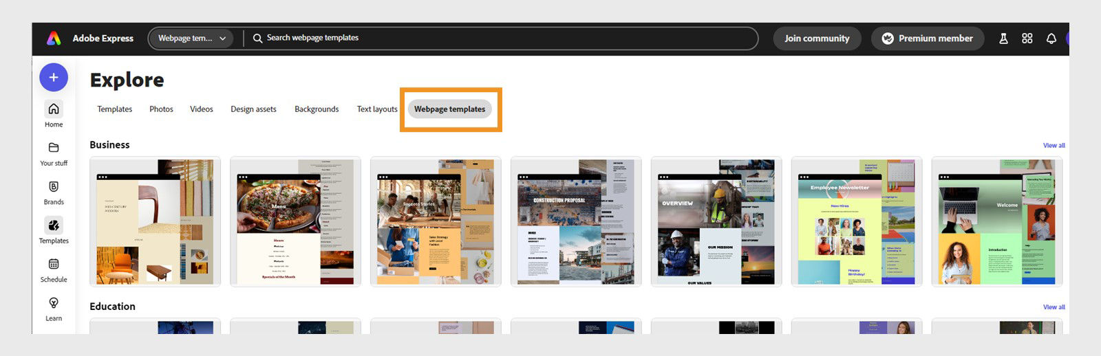 Adobe Express homepage is open in the templates panel with Webpage templates selected. Webpage templates are displayed on the screen for Business || explore-webpage-template.jpeg