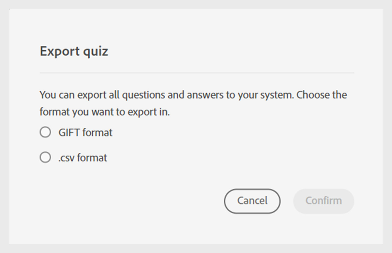 Choose a format to export quiz