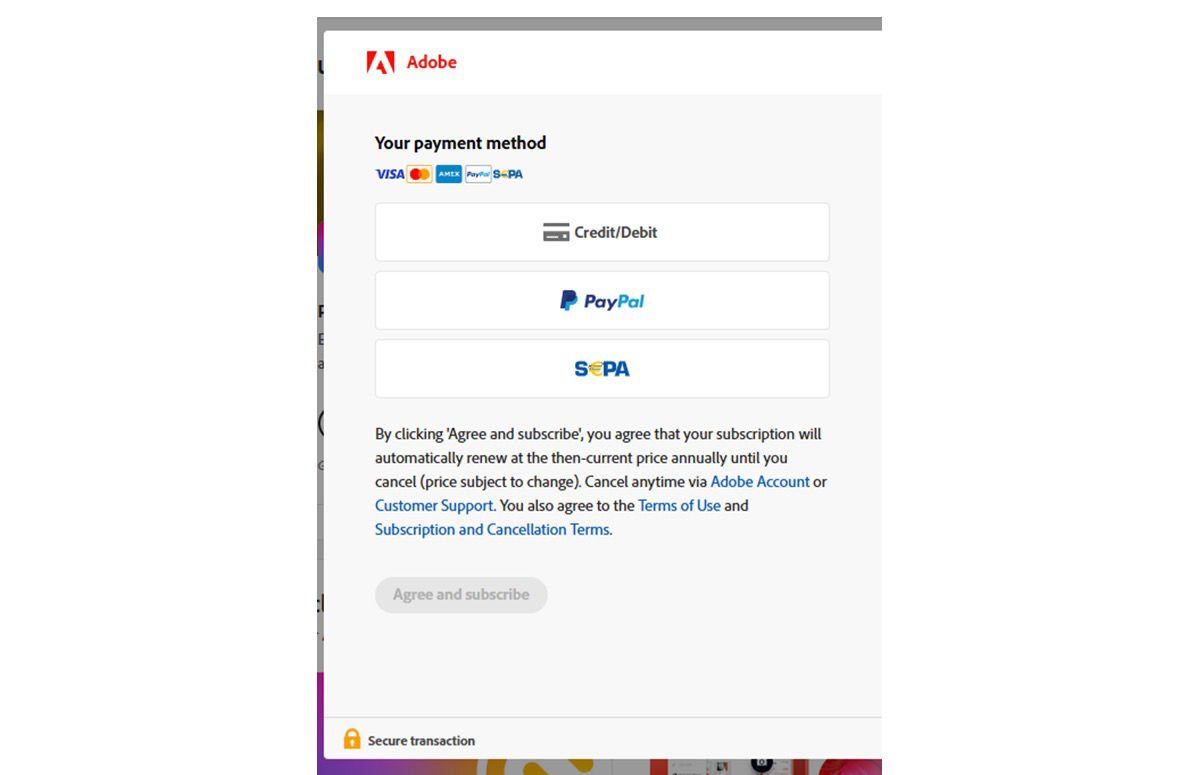 payment screen in Adobe account
