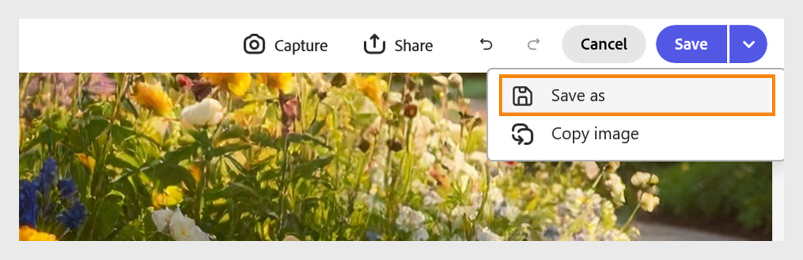 In the top-right corner of the screen, use the Save dropdown menu, highlighted as a blue button, and then select the Save as option from the two options: Copy image and Save as. 