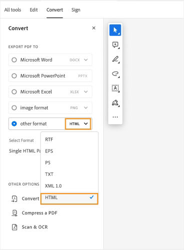 The Export PDF to toolbar is shown and other format is highlighted.