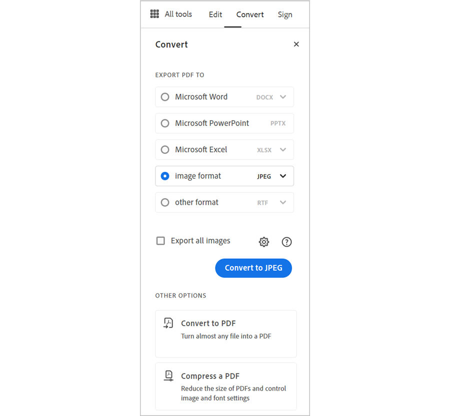 Adobe Acrobat Convert panel for exporting PDF to image formats