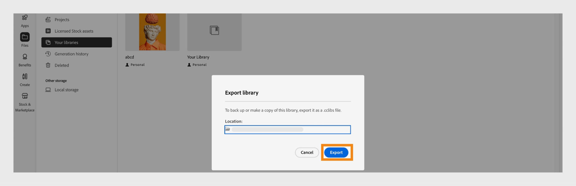 The Export library dialog box in the Your libraries window provides the option to select the location for the export and the export button. 