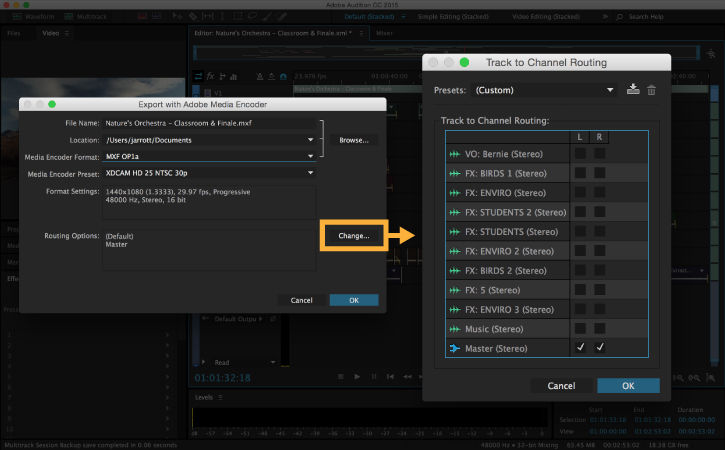 In the Export with Adobe Media Encoder options menu, Change box is highlighted and Track to Channel Routing menu is displayed