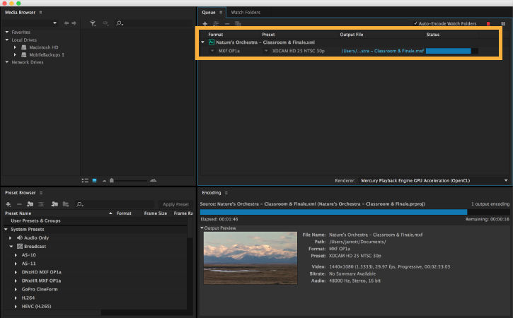 The video is rendering in the Render Queue in Media Encoder and displays the Audition logo icon.