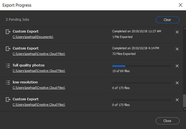 View the progress of your export jobs in the Export Progress window. 