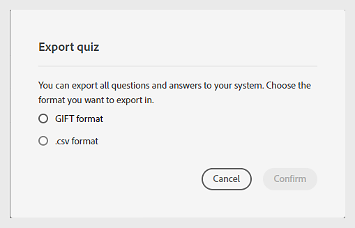 Quiz export format selection popup
