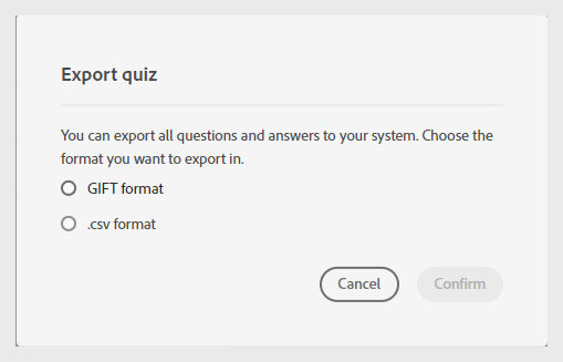 Quiz export format selection popup