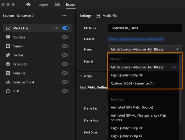 The UI shows export window with recently used presets for easier access.