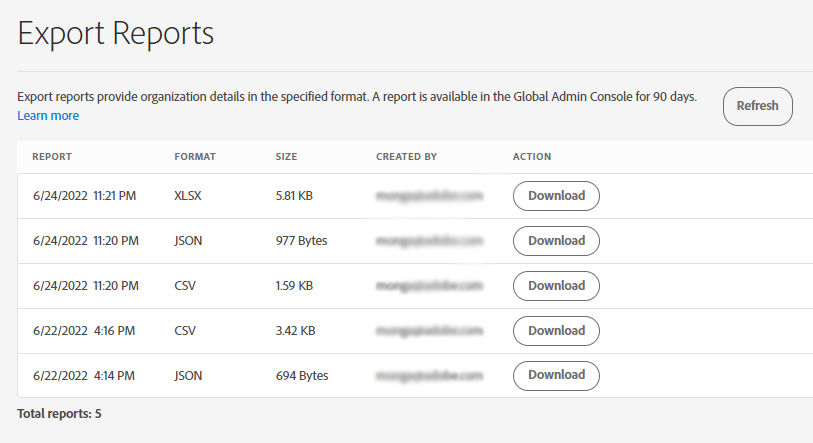 Export reports displaying the reports generated in the last 90 days.