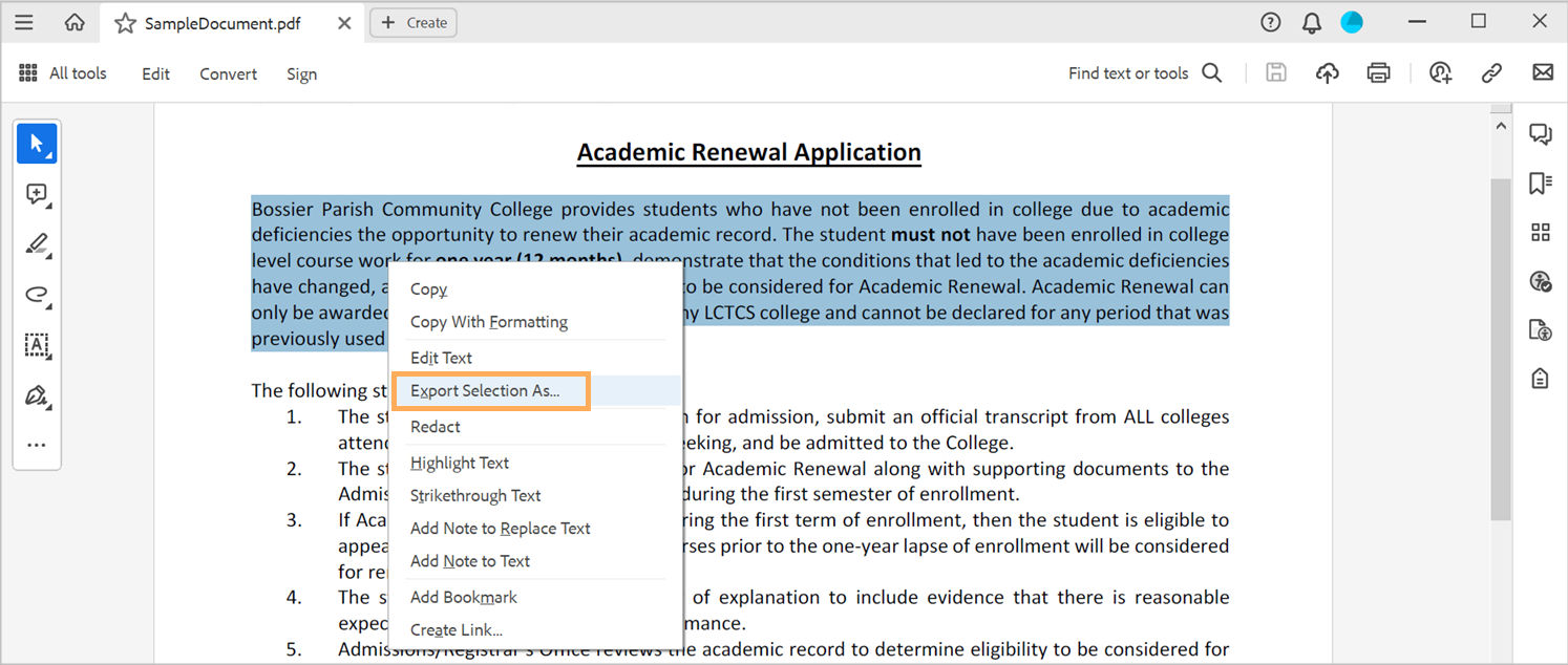 Select specific text and then select Export-selection-as