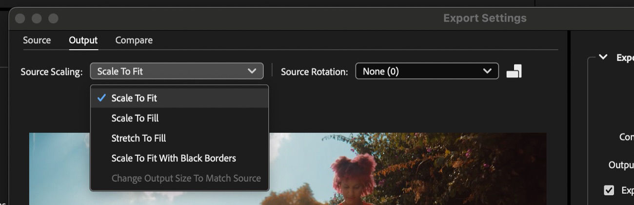 The Output tab is selected, and the Source Scaling dropdown is open, allowing you to choose how the cropped image fits your output resolution.