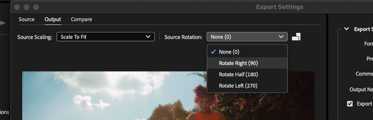The Source Rotation settings dropdown menu is selected to rotate the video or change the orientation of your video.