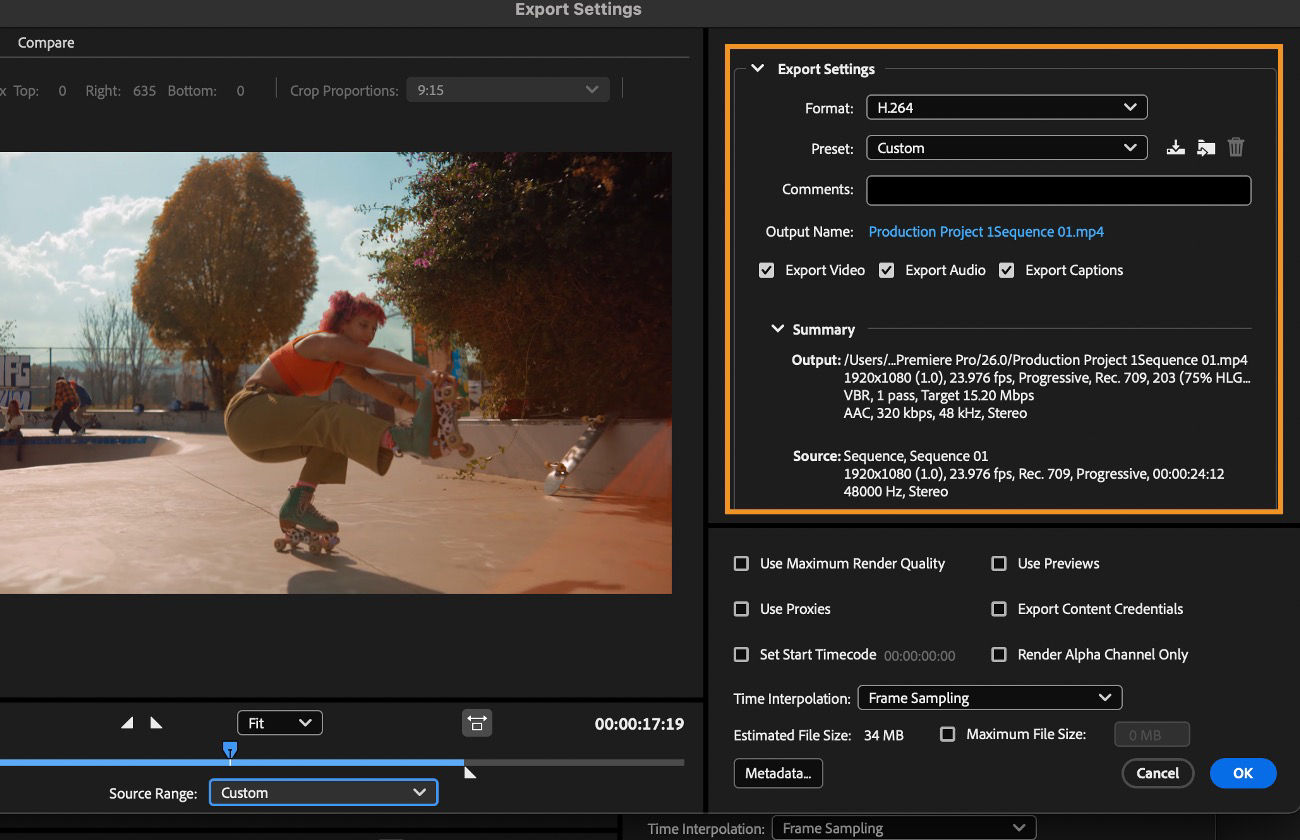 The Export Settings section in the Export Settings dialog box is highlighted.