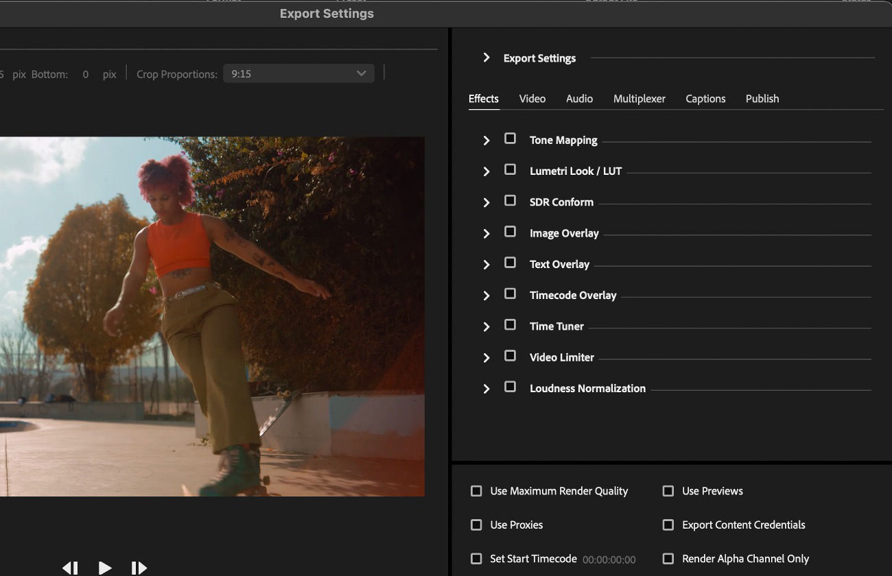 The Effects tab is selected under Export Settings and provides controls such as Tone Mapping, Lumetri Look/LUT, and SDR Conform for adjustment.