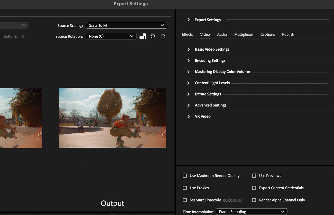 The Video tab is selected under Export Settings and provides controls such as Match Source, Basic Video Settings, and Encoding Settings for adjustment.