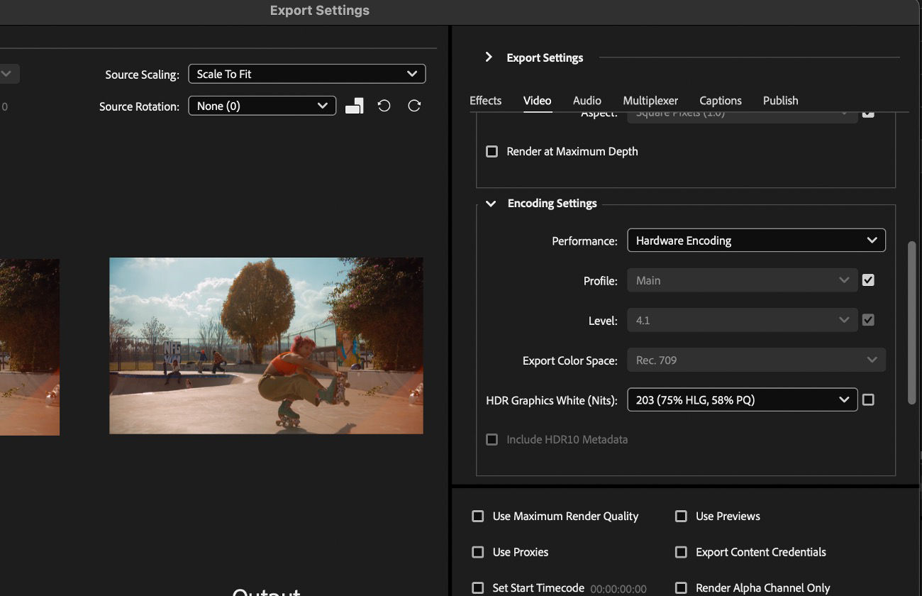 The Encoding Settings section under the Video tab is open and provides controls such as Performance, Profile, and Level for adjustment