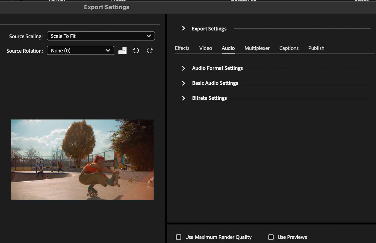 The Audio tab is selected and provides controls such as Audio Format Settings, Basic Audio Settings, and Bitrate Settings for adjustment.