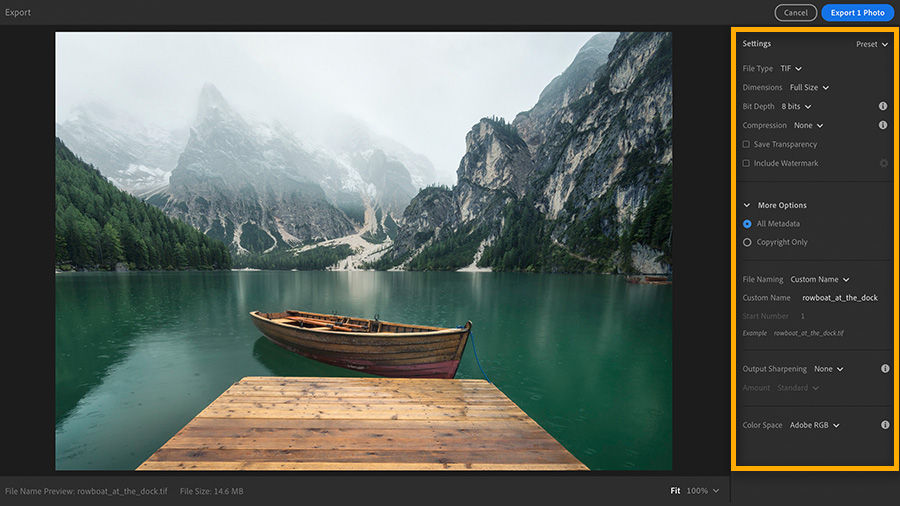 The Export window in Lightroom for the desktop shows the custom settings that are available when exporting a photo to your computer.