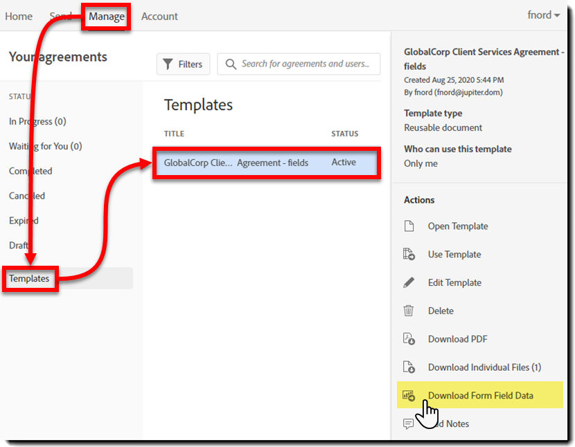 Export template data - modern UI