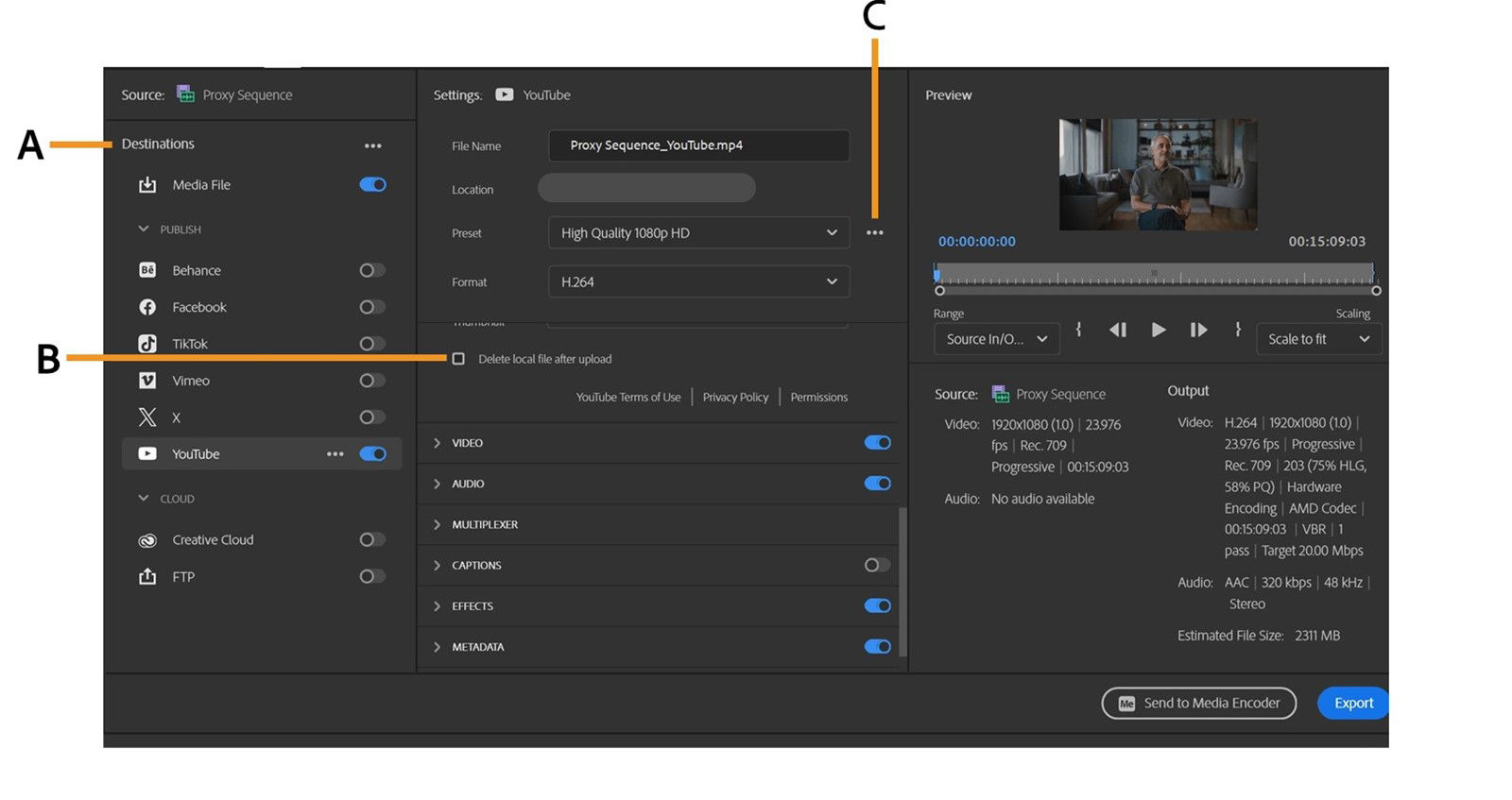 The Export window is open and export destinations, output settings and preset are highlighted.