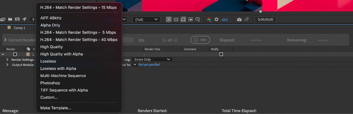 After Effects Render Queue shows the Output Module menu with H.264 presets, lossless options, and image sequence formats.