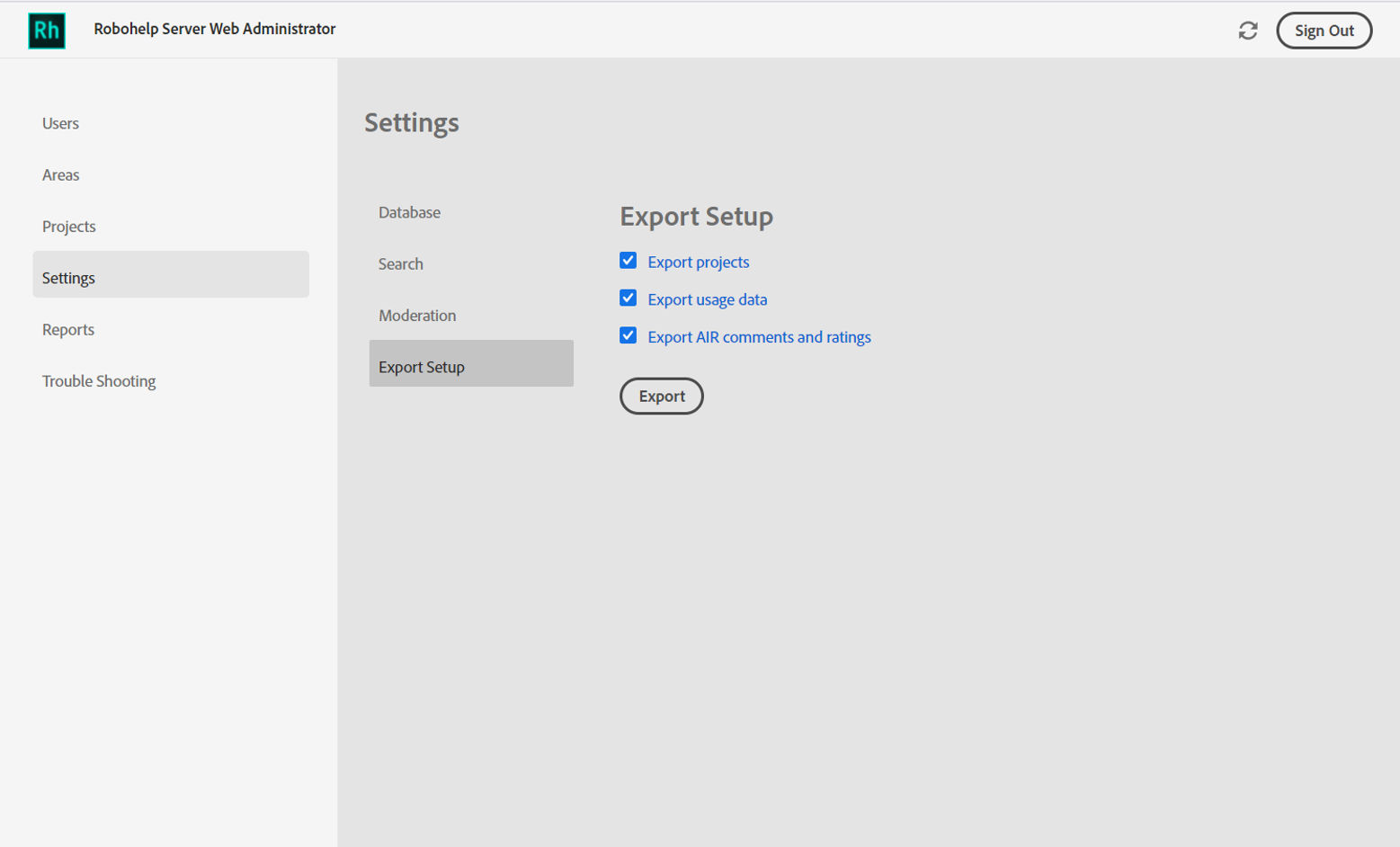 RoboHelp Server Settings dialog box with Export Setup options