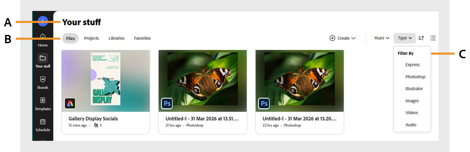 Adobe Express "Your stuff" pnael is open showcasing "Files"