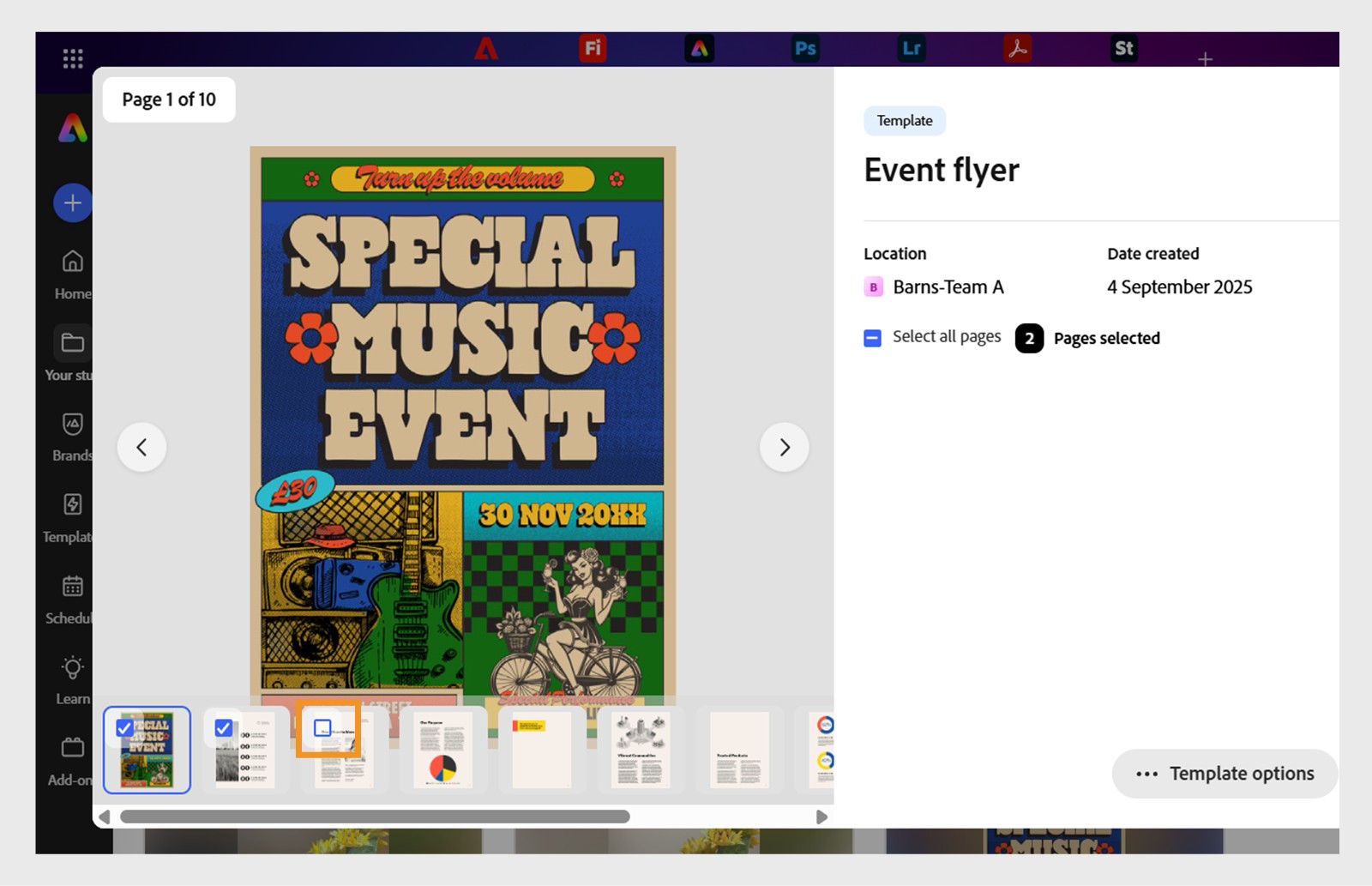 Custom template screen to reuse a template with the option to start with a few pages from the template.