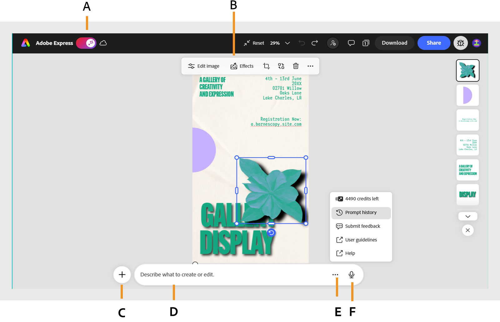 AI Assistant interface showing a Gallery Display socials design with a highlighted object and labeled interface elements: A – AI Assistant toggle, B – Context bar,  C –Add to canvas icon, D – Input box for describing edits, E – Inline suggestions for design changes, F – More options menu, G – Microphone icon.