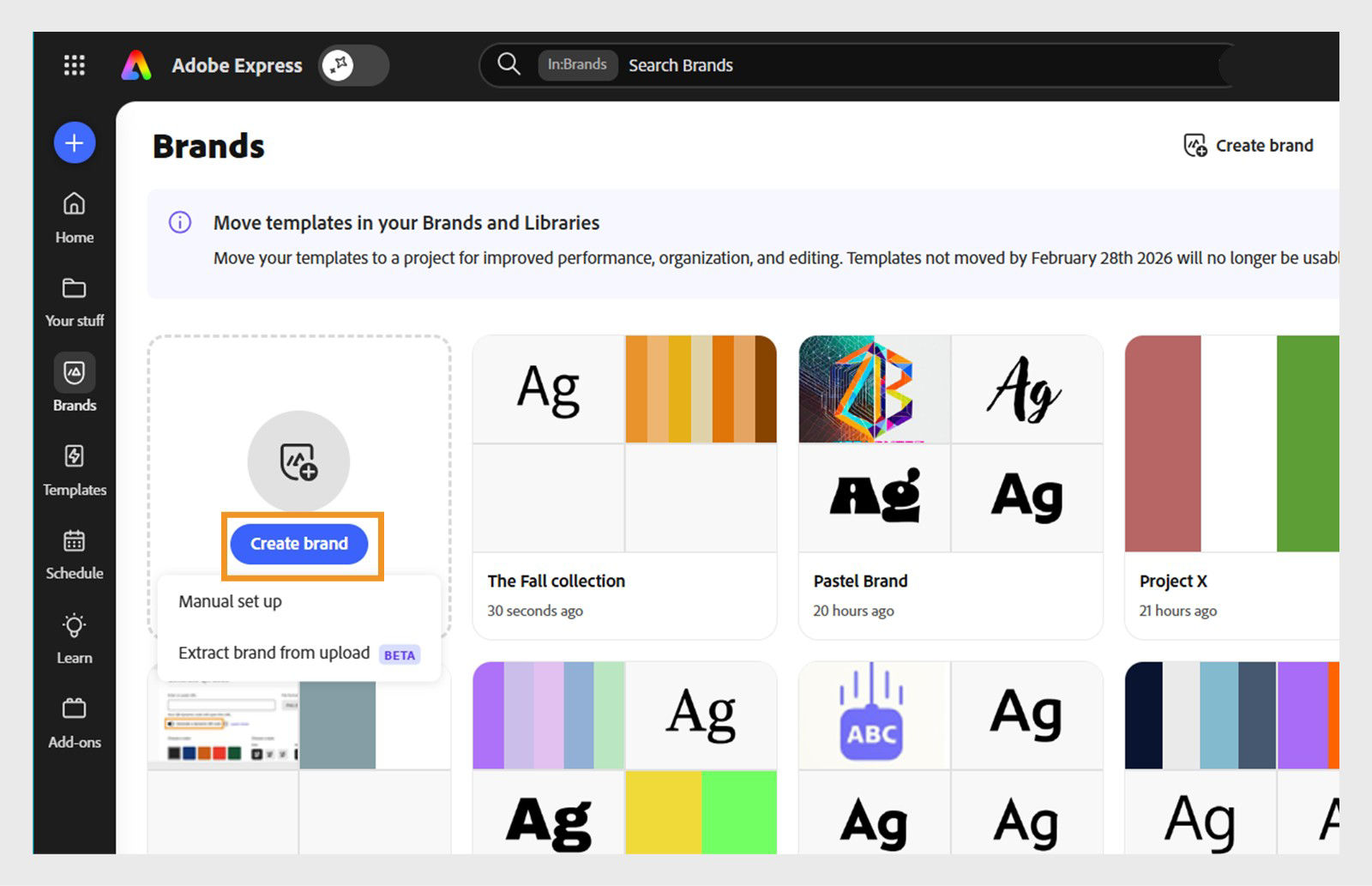 Brands panel showing option to create a brand by manually setting up or through extracting brand fom images.