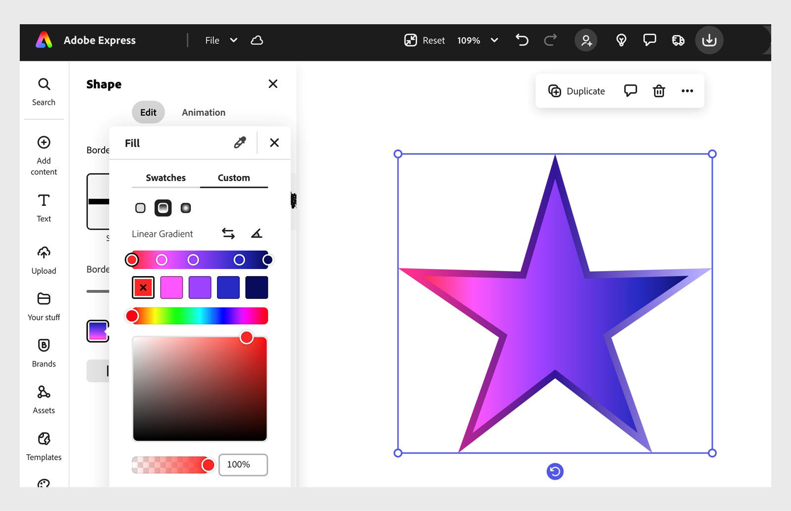Star-shaped object with a customizable radial gradient border. The gradient editor displays multiple color swatches, allowing to adjust colors and gradient style.