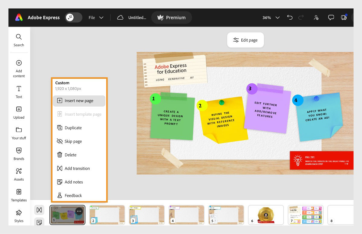 Presentation editor in Adobe Express showing a slide with colorful decor and the Page actions menu open with various editing options.