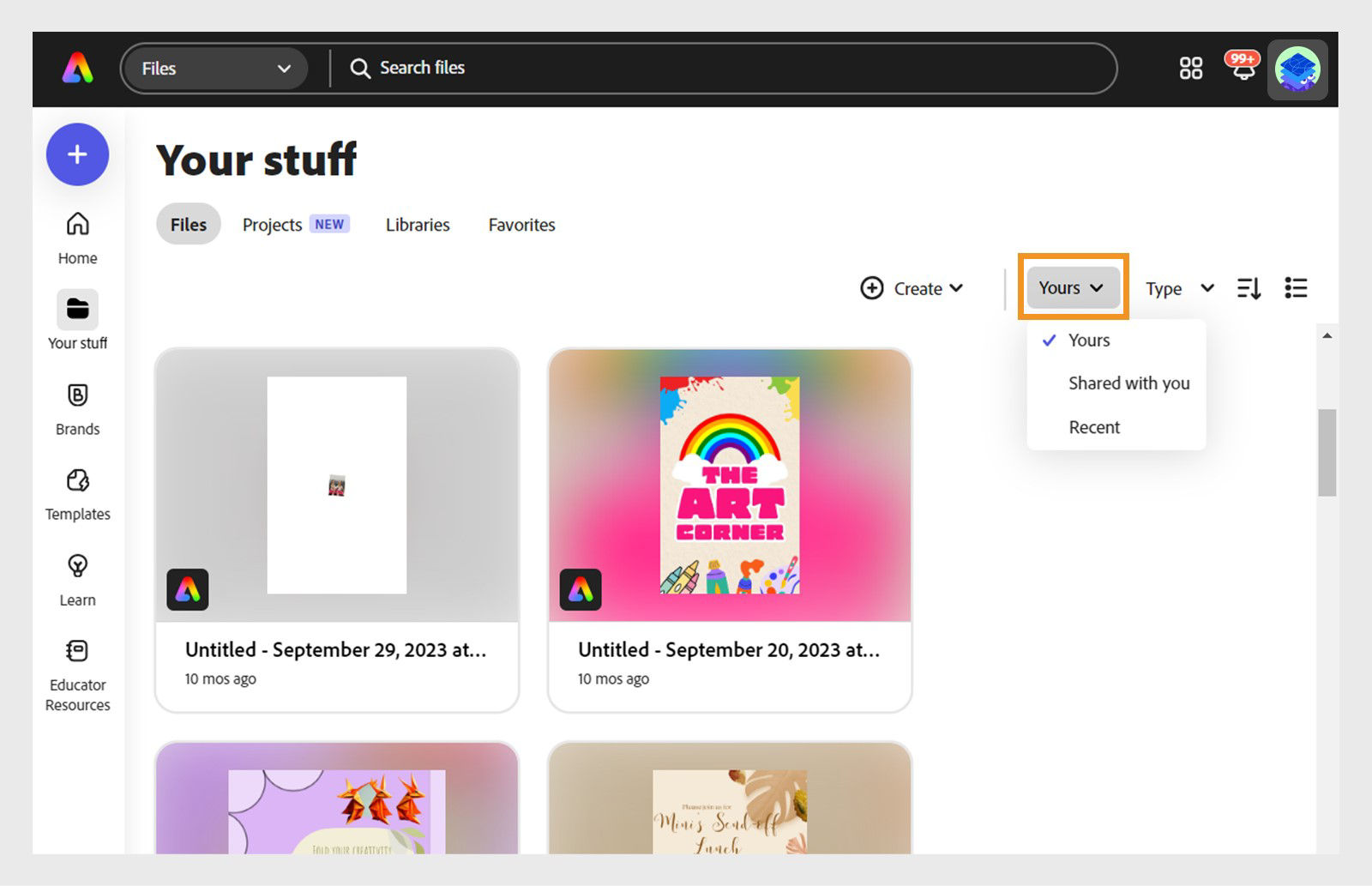 Screenshot of the 'Your stuff' page in Adobe Express, with the 'Yours' filter highlighted.