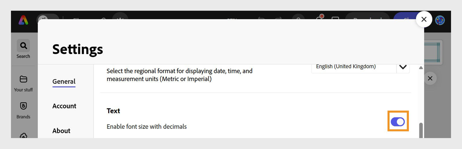 Adobe Express account settings interface with decimal options enabled in the Text section.