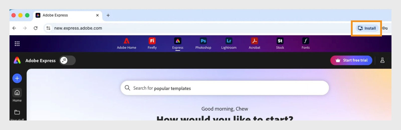 Adobe Express homepage open with the new.express.adobe.com URL open in the address browser and the Install button available to download the Adobe Express progressive web app.