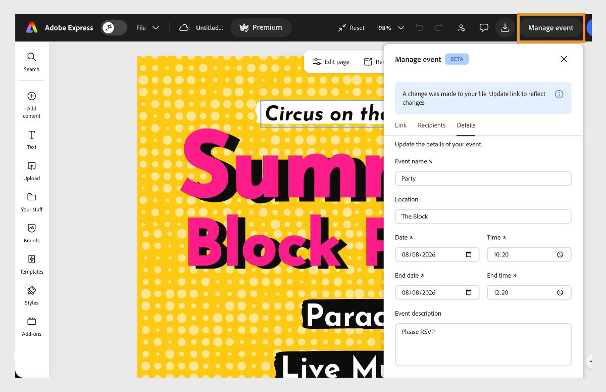Summer party invitation design open in the Adobe Express editor. Manage event selected from the header with the Details tab open.