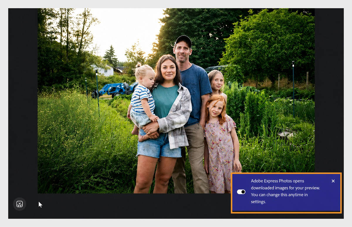 Image open in Adobe Express Photos with a dialog box in the right corner giving an option to toggle off preview of downloaded images in Express Photos.