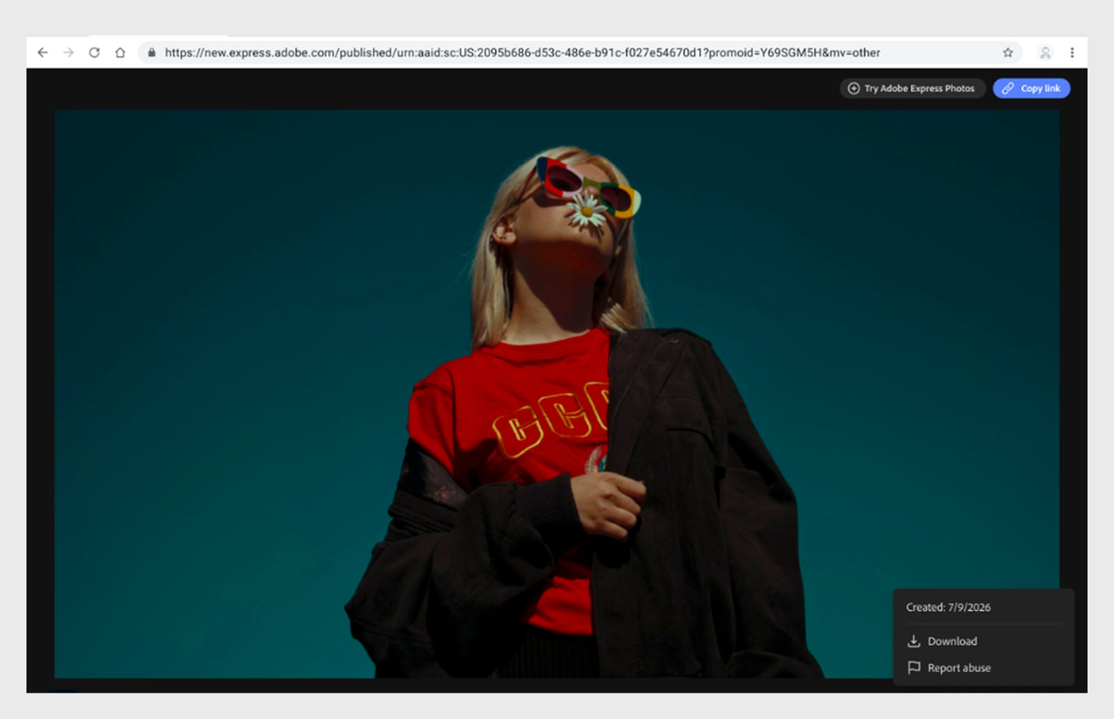 Published link page with Try Adobe Express Photos and Copy link buttons and a more options menu