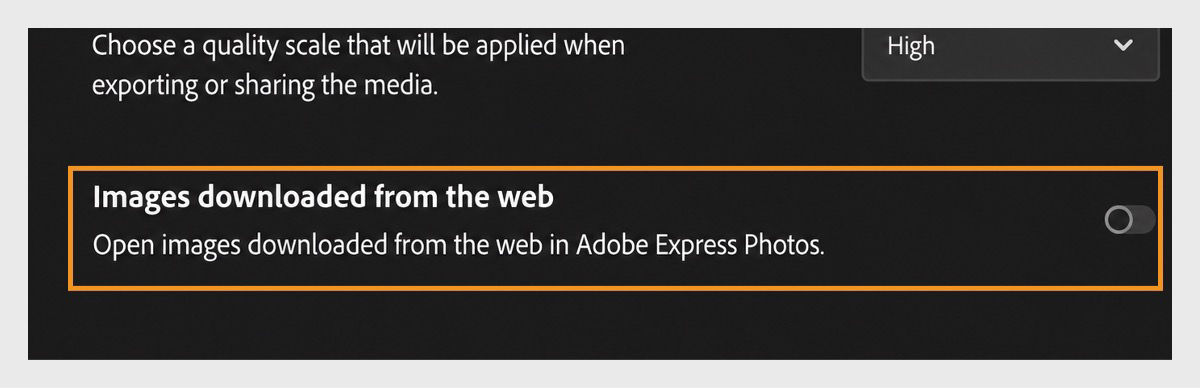 Adobe Express Photos settings window in dark mode. The Settings panel is open with options for media quality, images downloaded from the web, screenshot shortcuts, and tracking. The “Images downloaded from the web” toggle appears on the right side and is turned off. The interface shows the user accessing Settings from the profile icon in the top-right corner to disable opening downloaded web images in Adobe Express Photos.
