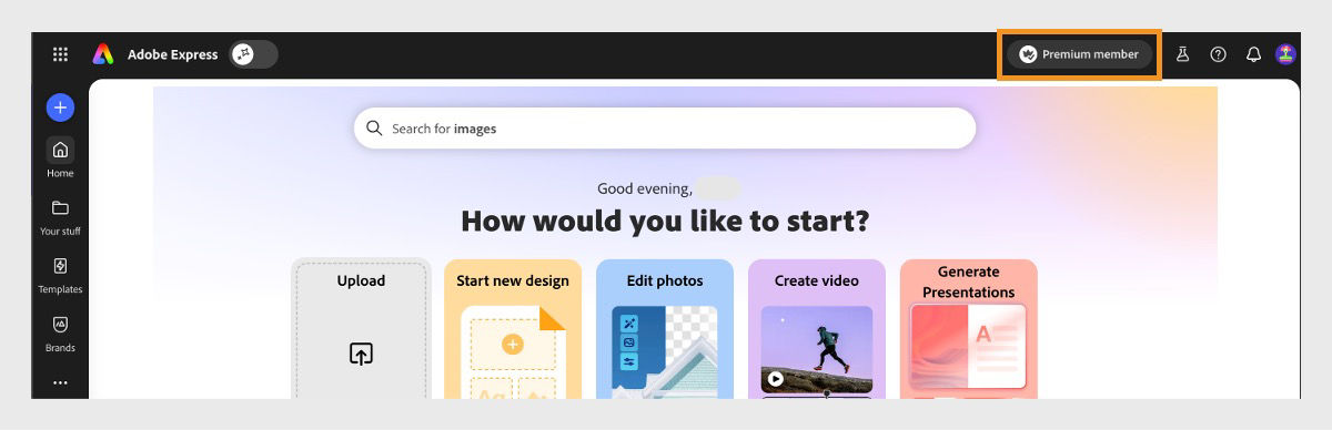 Adobe Express homepage displaying the Premium membership banner.