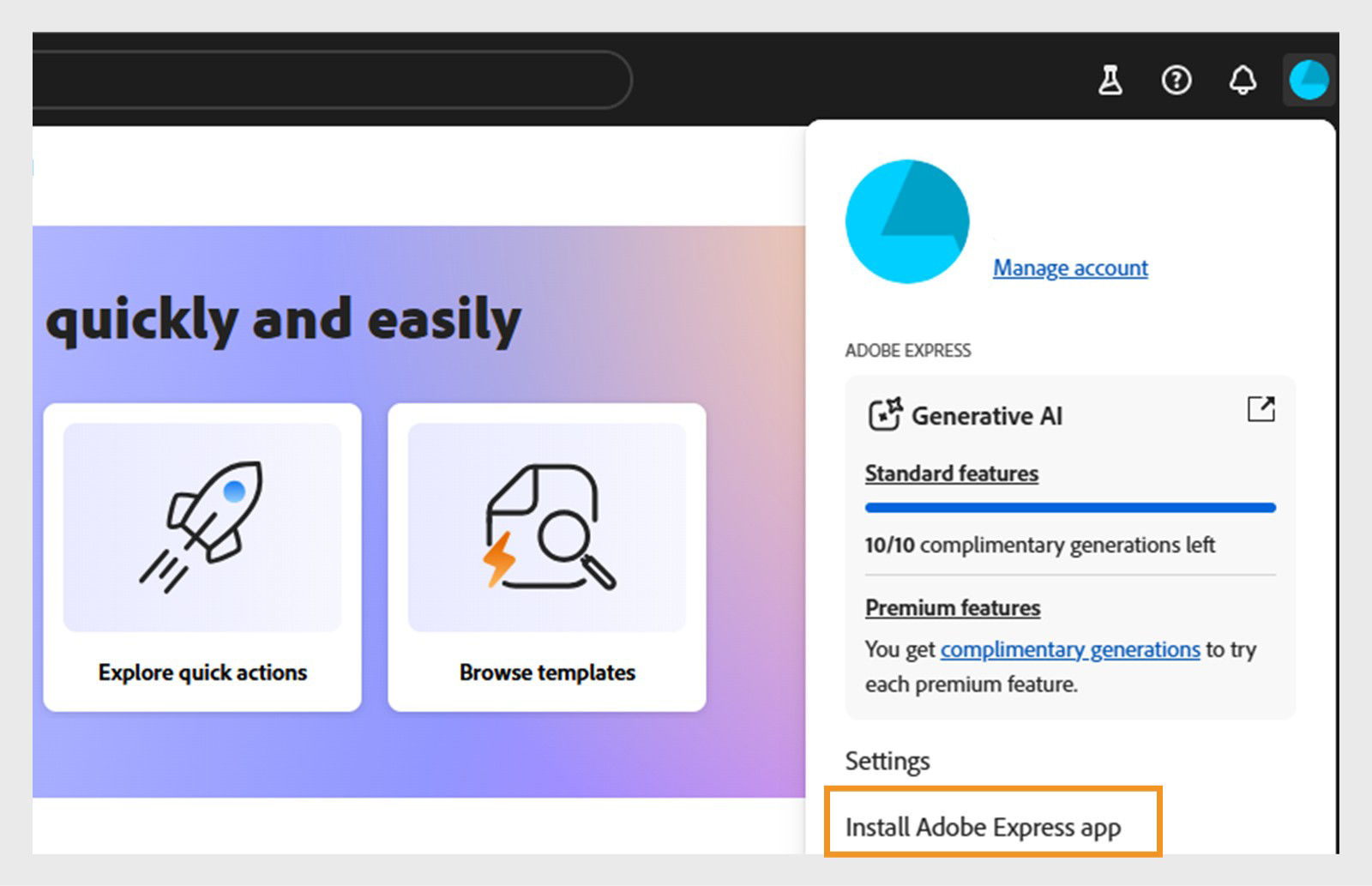 Adobe Express homepage with the account manu option in the top right corner and from teh menu, Install Adobe Express app highlighted. 
