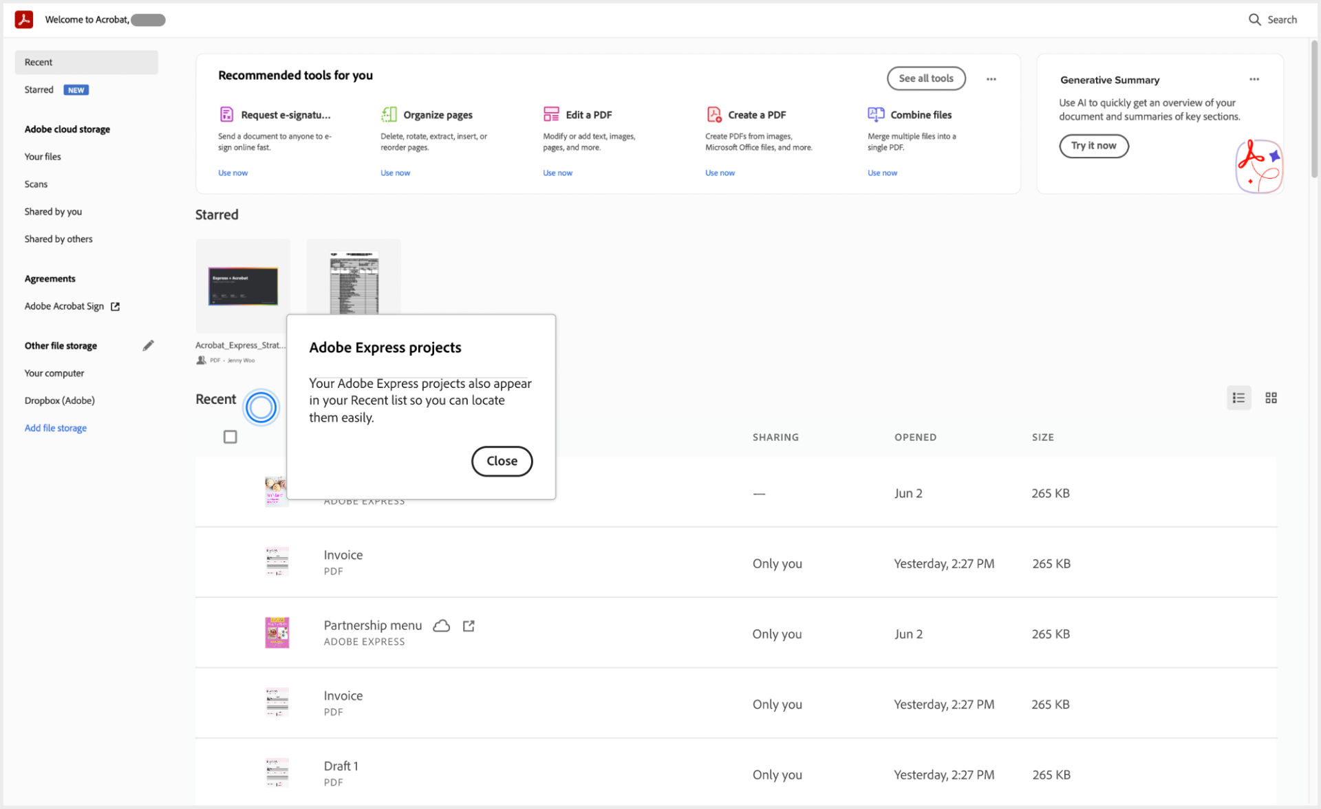 View the Adobe Express projects in the Recent files list