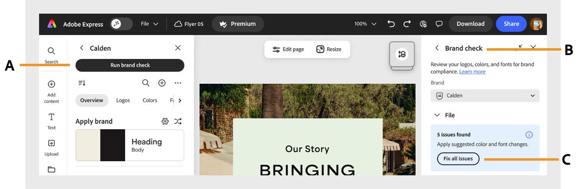 Brand check panel showing logo, color, and font issues in Adobe Express.